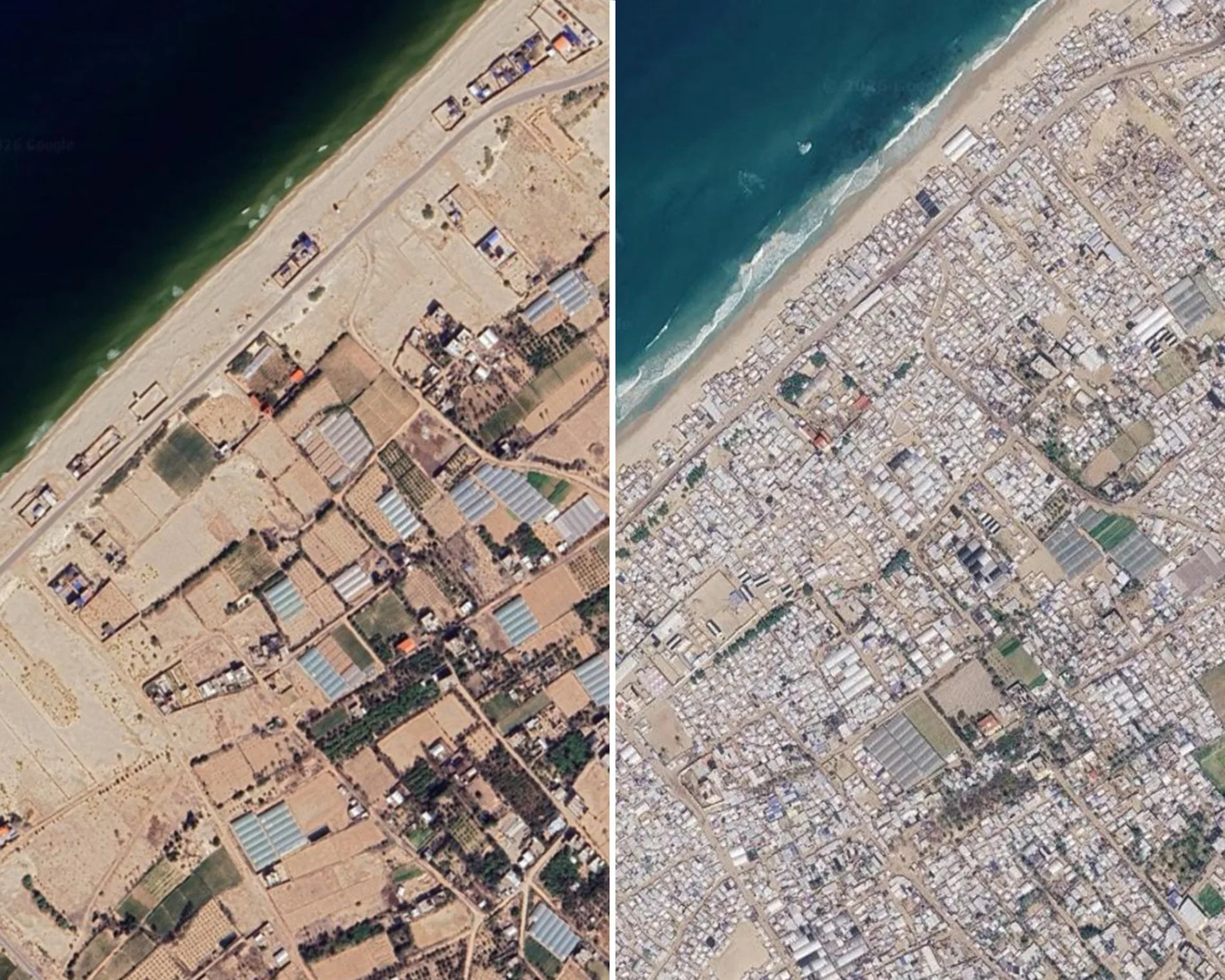 Satellite views of al-Mawasi in Rafah: open fields beside the coast in 2023, and dense tented shelter across the same area in 2026.